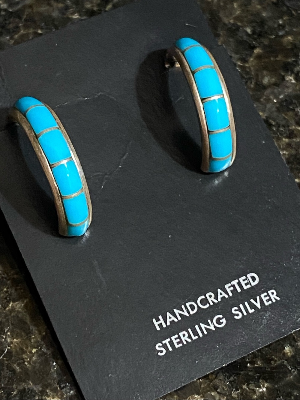 Sterling Silver Zuni Sleeping Beauty Turquoise Channel Inlay Half Hoop Earrings
